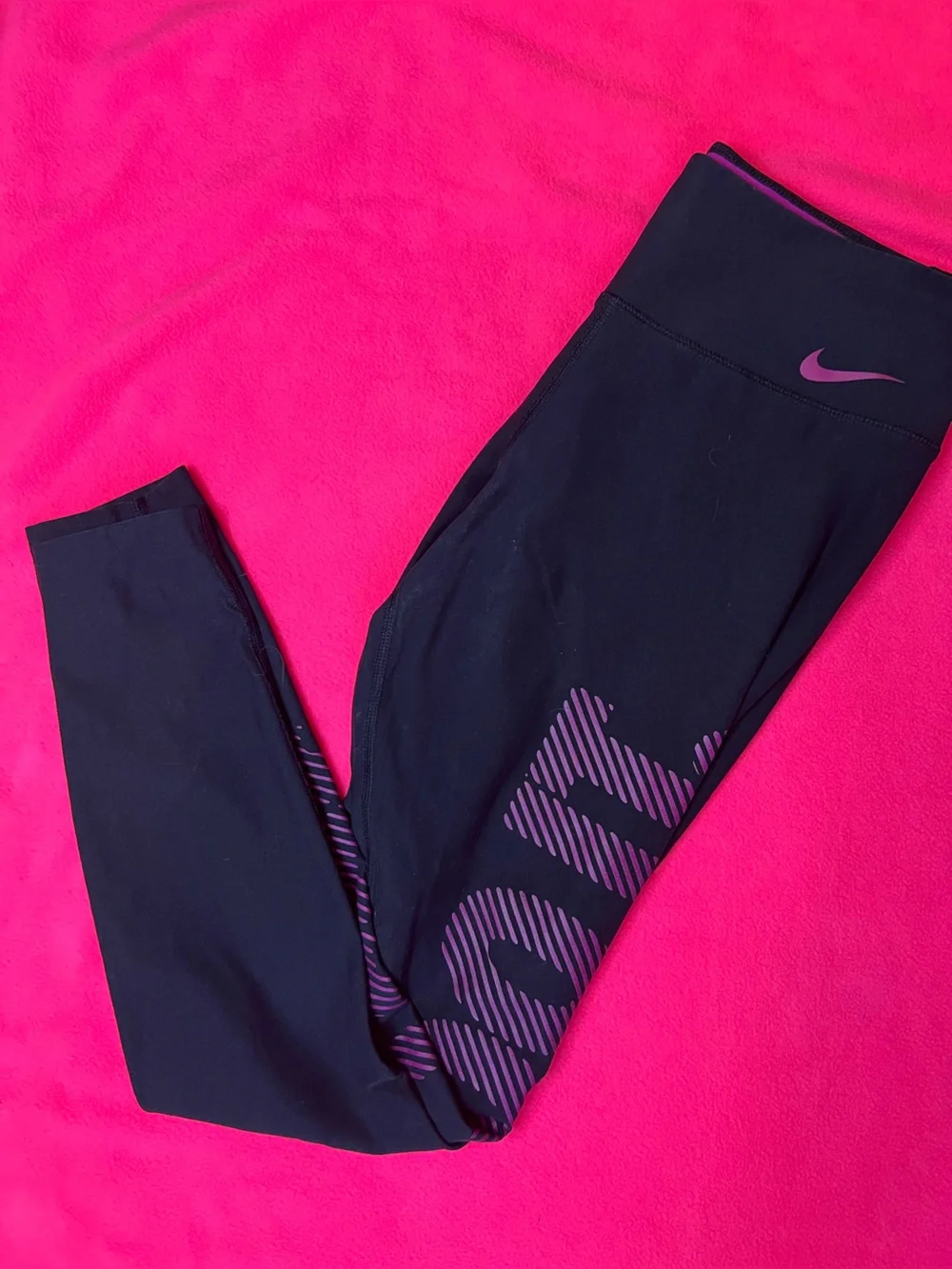 Nike Black Leggings with Purple Swoosh and Logo Accents